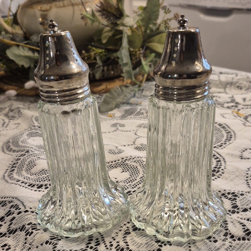 VINTAGE  Large Glass Salt and Pepper Shakers with Silver-plated  Tops
